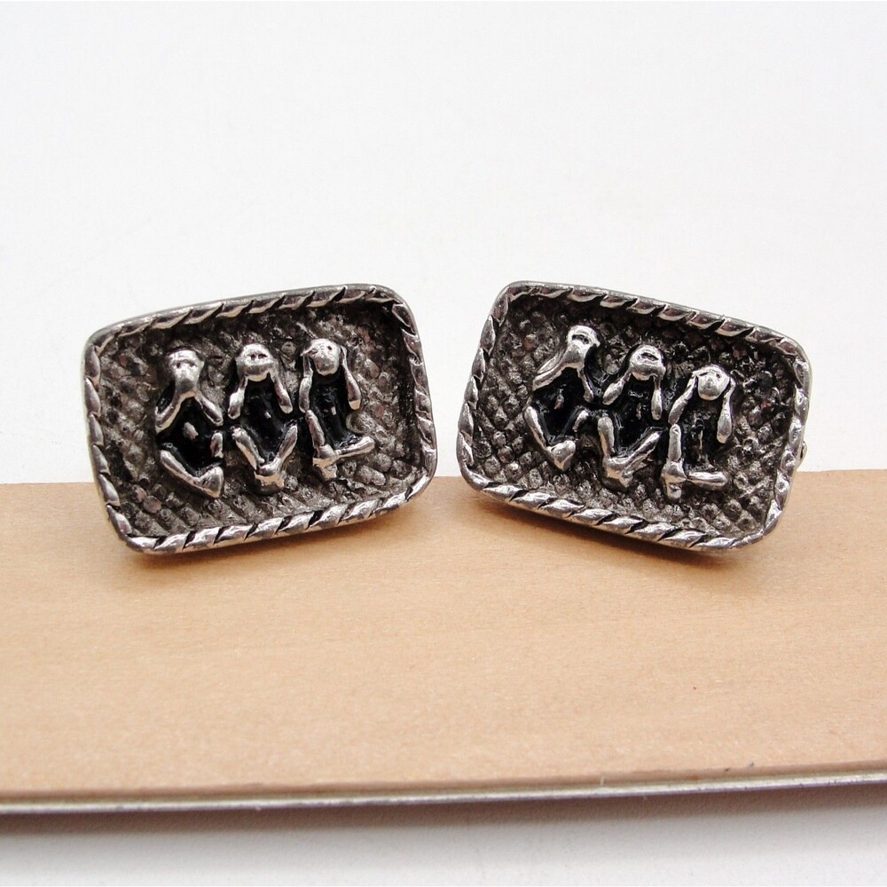 Vintage Silver Tone Three Wise Monkeys Cufflinks See Hear Speak No Evil Retro